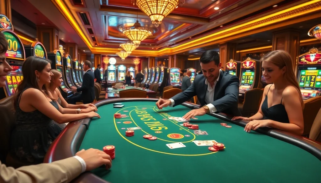 Excited players enjoying blackjack at bk8th casino, showcasing vibrant chips and cards.