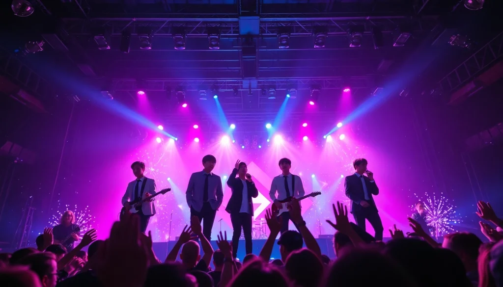 BTS news highlighting a live concert performance with vibrant lighting and enthusiastic fans.