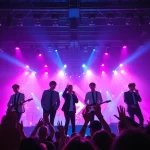 BTS news highlighting a live concert performance with vibrant lighting and enthusiastic fans.
