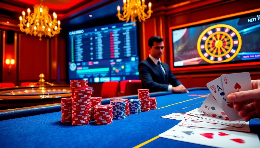 Experience excitement at the casino with https:/sc88.bz/ showcasing poker chips and roulette wheels.