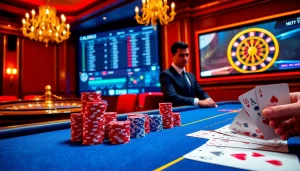 Experience excitement at the casino with https:/sc88.bz/ showcasing poker chips and roulette wheels.