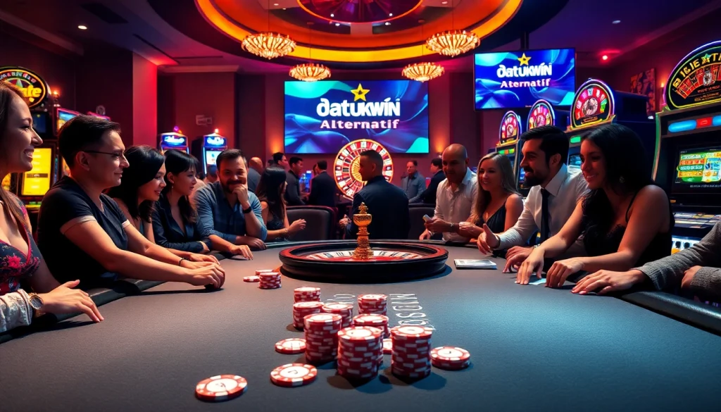 Adegan permainan poker yang mendebarkan dengan Datukwin Alternatif di layar digital dan suasana mewah.