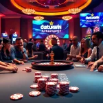 Adegan permainan poker yang mendebarkan dengan Datukwin Alternatif di layar digital dan suasana mewah.