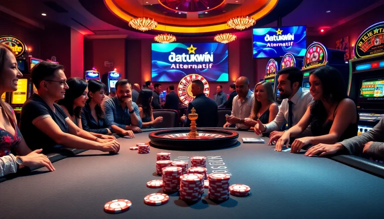 Adegan permainan poker yang mendebarkan dengan Datukwin Alternatif di layar digital dan suasana mewah.