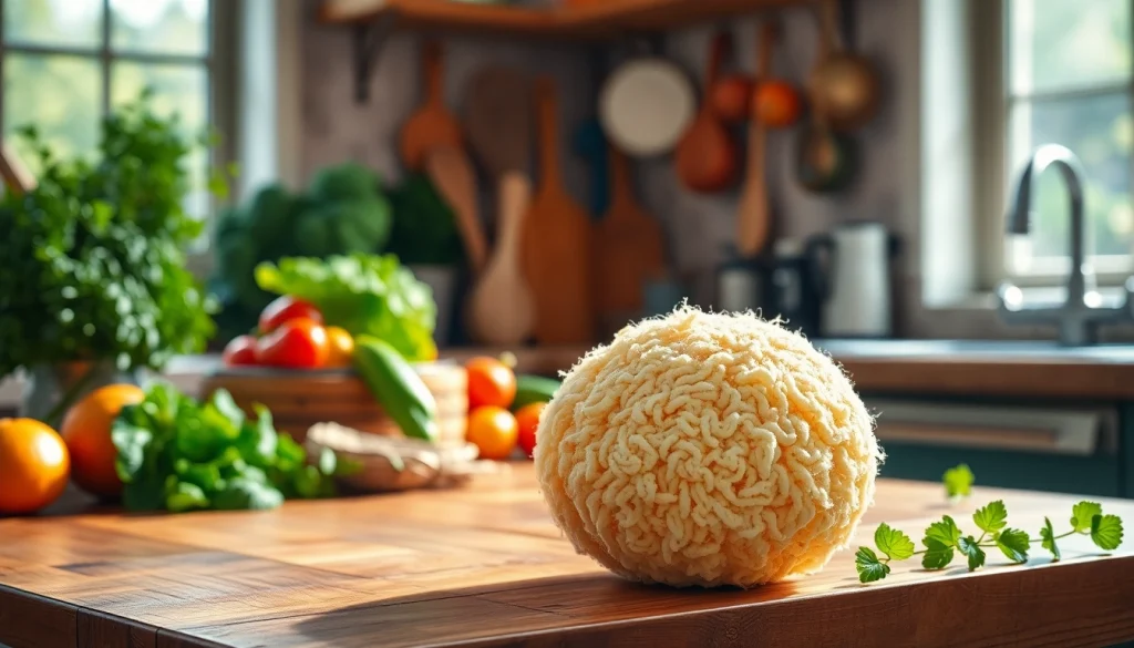Cleaning with a kitchen loofah on a wooden countertop, showcasing its texture and versatility.