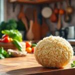 Cleaning with a kitchen loofah on a wooden countertop, showcasing its texture and versatility.