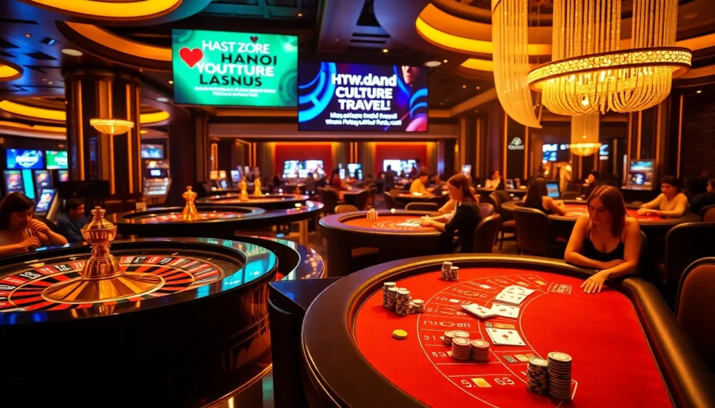 A captivating casino scene promoting gambling excellence at https://hanoiculturetravel.com/, featuring engaging games and vibrant decor.