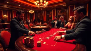 Engaging players at the high-stakes rik vip poker table with vibrant casino elements.