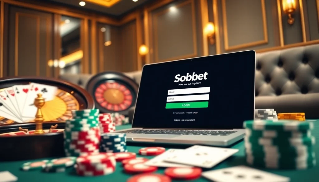Placing bets on Sbobet login with vibrant online gambling atmosphere and casino elements.