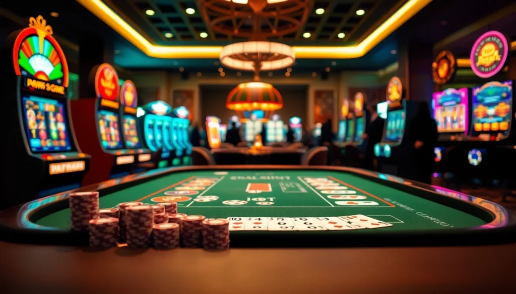 Experience thrilling games on onicplay with a vibrant casino scene featuring poker, slots, and roulette.