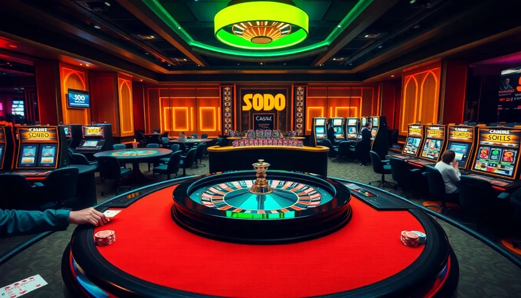 SODO casino players enjoying vibrant roulette and poker games in a luxurious setting.