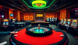 SODO casino players enjoying vibrant roulette and poker games in a luxurious setting.