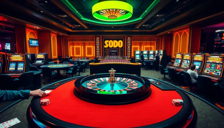 SODO casino players enjoying vibrant roulette and poker games in a luxurious setting.