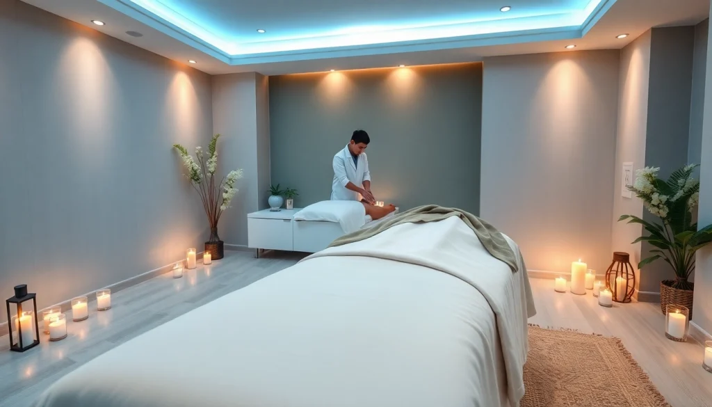 출장마사지 professional therapist preparing a serene massage room with calming atmosphere