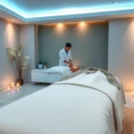 출장마사지 professional therapist preparing a serene massage room with calming atmosphere