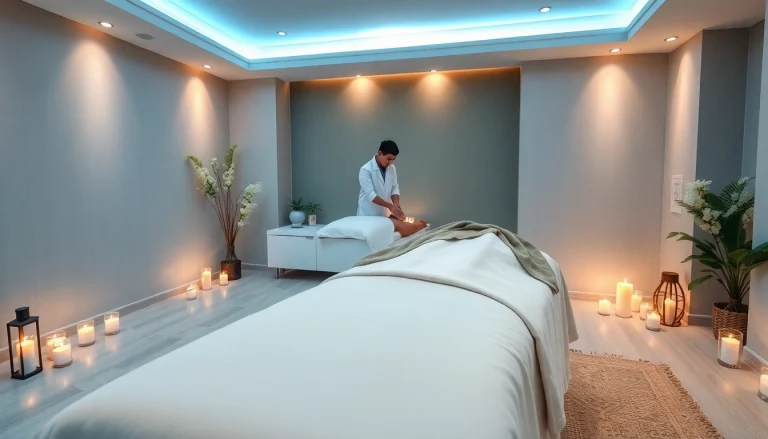 출장마사지 professional therapist preparing a serene massage room with calming atmosphere