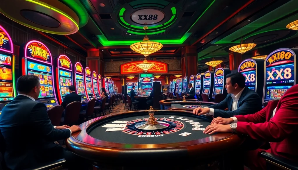 Experience the excitement of being at a casino with vibrant XX88 slot machines and poker tables.