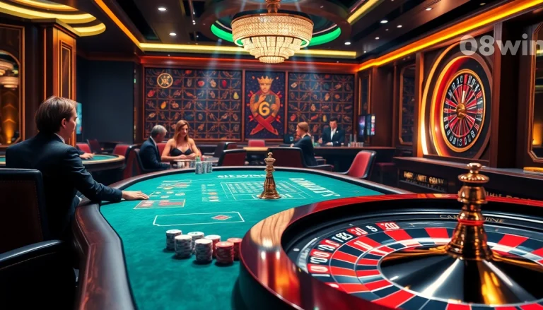 Experience the pulse of game 98win at a luxurious casino with players and vibrant tables.