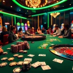 Players celebrating wins at Vt88 nhà cái casino table with chips, cards, and digital interfaces