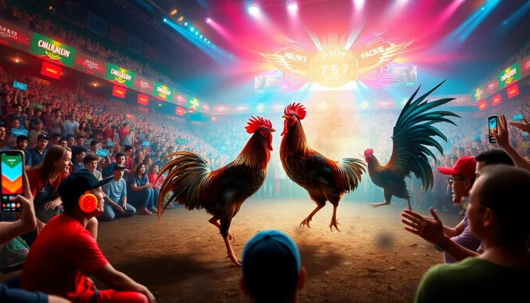 Exciting rooster fighting event scene from sv368win.live showcasing digital betting and vibrant audience energy.