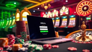 Engaging with the onicplay login on a luxurious casino backdrop with poker chips and slots.