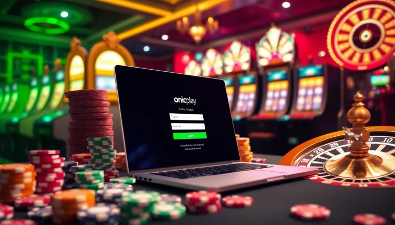Engaging with the onicplay login on a luxurious casino backdrop with poker chips and slots.