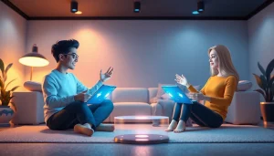 Engaging NSFW character AI interaction in a modern virtual space with advanced technology.