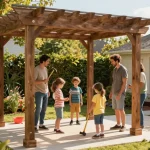Une famille collaborant sur la conception d'une pergola de jardin en utilisant un logiciel configurateur pergola, mettant en valeur des outils et un cadre extérieur vibrant.