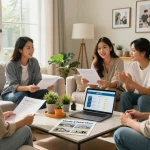Homeowners discussing options to sell my house fast for cash with a friendly buyer team in a bright living room.
