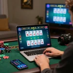 Player engaging with an online baccarat사이트 at home with live dealer game on laptop.