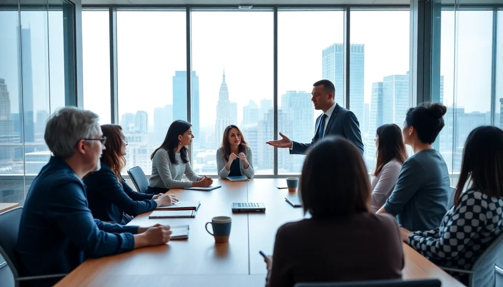 Leadership development coach guiding a collaborative team discussion in an engaging office setting.