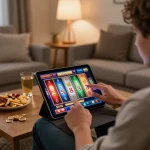 Engaging in apk slot bet 50 perak deposit 5000 gameplay on a tablet in a cozy home setting