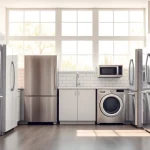 Showcase of high-quality home appliances in a well-lit modern kitchen.