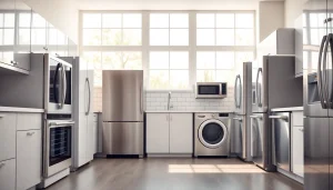 Showcase of high-quality home appliances in a well-lit modern kitchen.