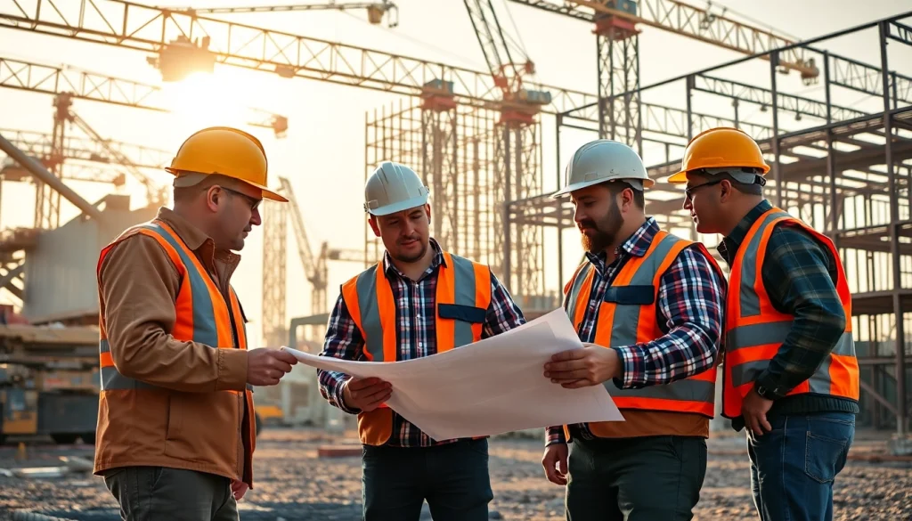 Workers collaborating on Carolina construction news project amidst machinery and site frameworks.
