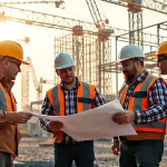 Workers collaborating on Carolina construction news project amidst machinery and site frameworks.