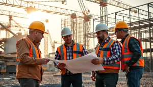 Workers collaborating on Carolina construction news project amidst machinery and site frameworks.
