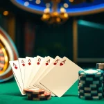 Découvrez le frisson du casino en ligne fiable avec une élégante scène de roulette virtuelle remplie de jetons de poker et de cartes.