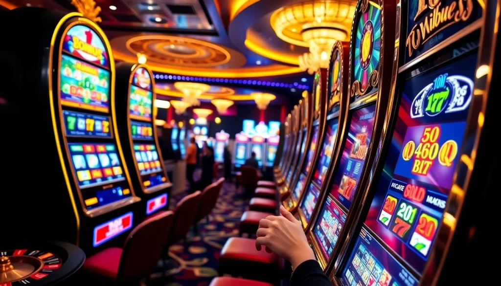 Aksi bonus slot yang mendebarkan di kasino mewah dengan mesin berwarna-warni dan pemain yang ceria.