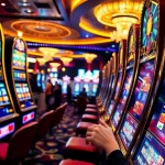 Aksi bonus slot yang mendebarkan di kasino mewah dengan mesin berwarna-warni dan pemain yang ceria.