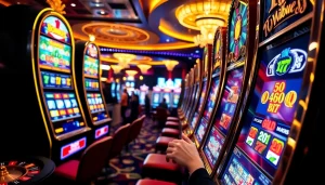 Aksi bonus slot yang mendebarkan di kasino mewah dengan mesin berwarna-warni dan pemain yang ceria.