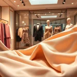Zachte stof voor kleding gepresenteerd in een elegante boutique met diverse stoffen en stijlvolle etalages.