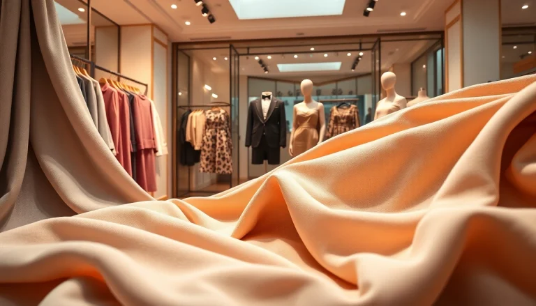 Zachte stof voor kleding gepresenteerd in een elegante boutique met diverse stoffen en stijlvolle etalages.