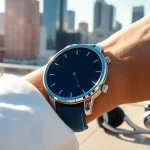 Showcases Finesse Smart Watch on a wrist against a vibrant urban backdrop, reflecting its polished design.