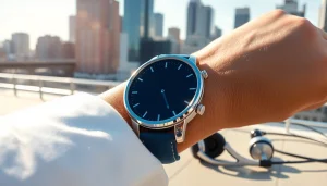 Showcases Finesse Smart Watch on a wrist against a vibrant urban backdrop, reflecting its polished design.
