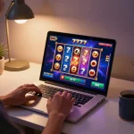 Engaging in the slot777 resmi game, showcasing vibrant online slot gameplay on a laptop