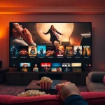 ดูหนังบนหน้าจอคอมพิวเตอร์ในห้องนั่งเล่นที่อบอุ่นและสะดวกสบาย