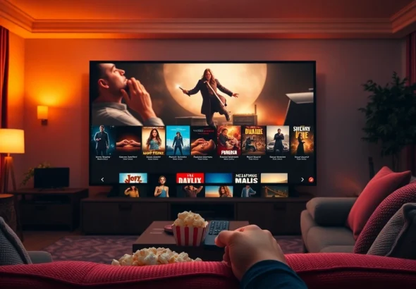 ดูหนังบนหน้าจอคอมพิวเตอร์ในห้องนั่งเล่นที่อบอุ่นและสะดวกสบาย