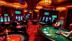 Joueurs engagés profitant d'une expérience de casino en ligne fiable avec roulette, cartes et décor vibrant.