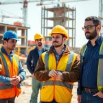Focused scene of construction workforce development with skilled workers and machinery.